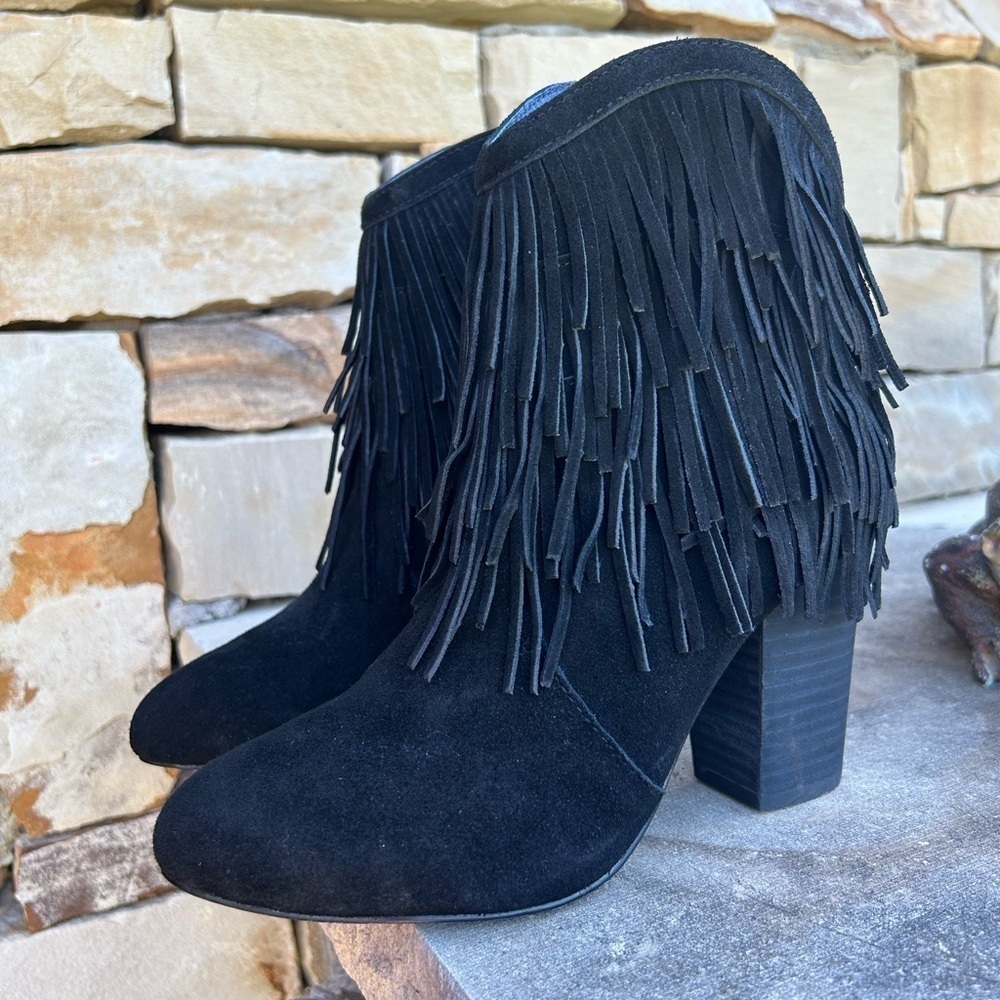 DW boots leather suede fringe black western ankle‎ Hardy booties Sz-8.5M.  E